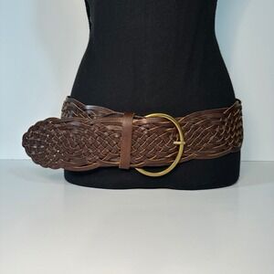 Tarnish Brown Genuine Leather Wide Braided Waist Belt Antique Brass Buckle Small